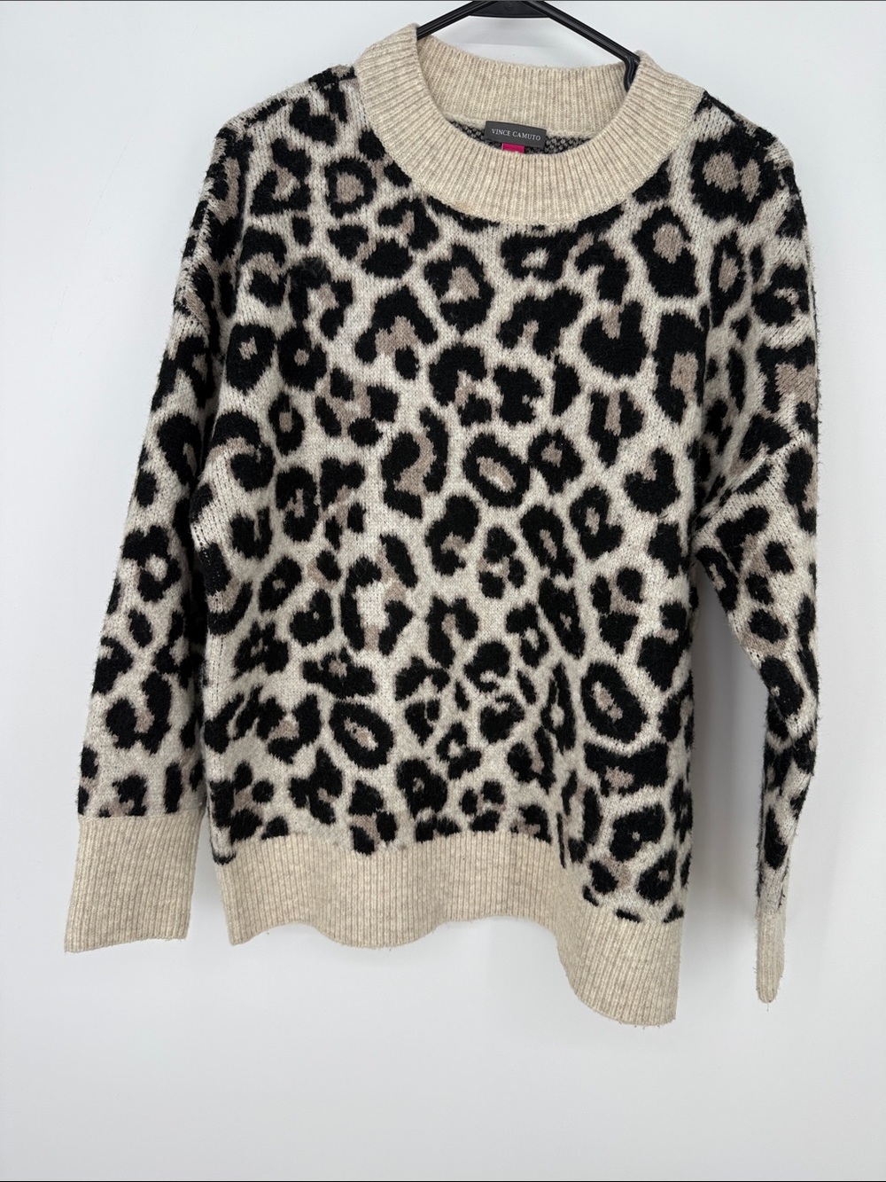 Vince Camuto Mixed Animal Print Crewneck Sweater - Beige/Black Small
